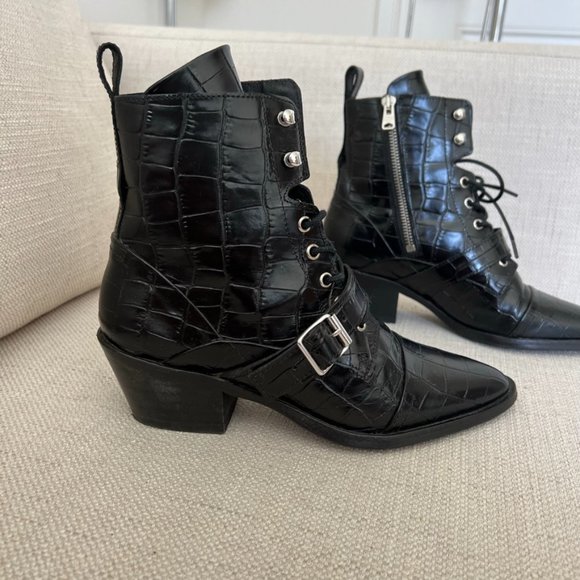 All Saints Katy Black Leather Ankle Boots Crocodile Size 7 - Picture 3 of 12
